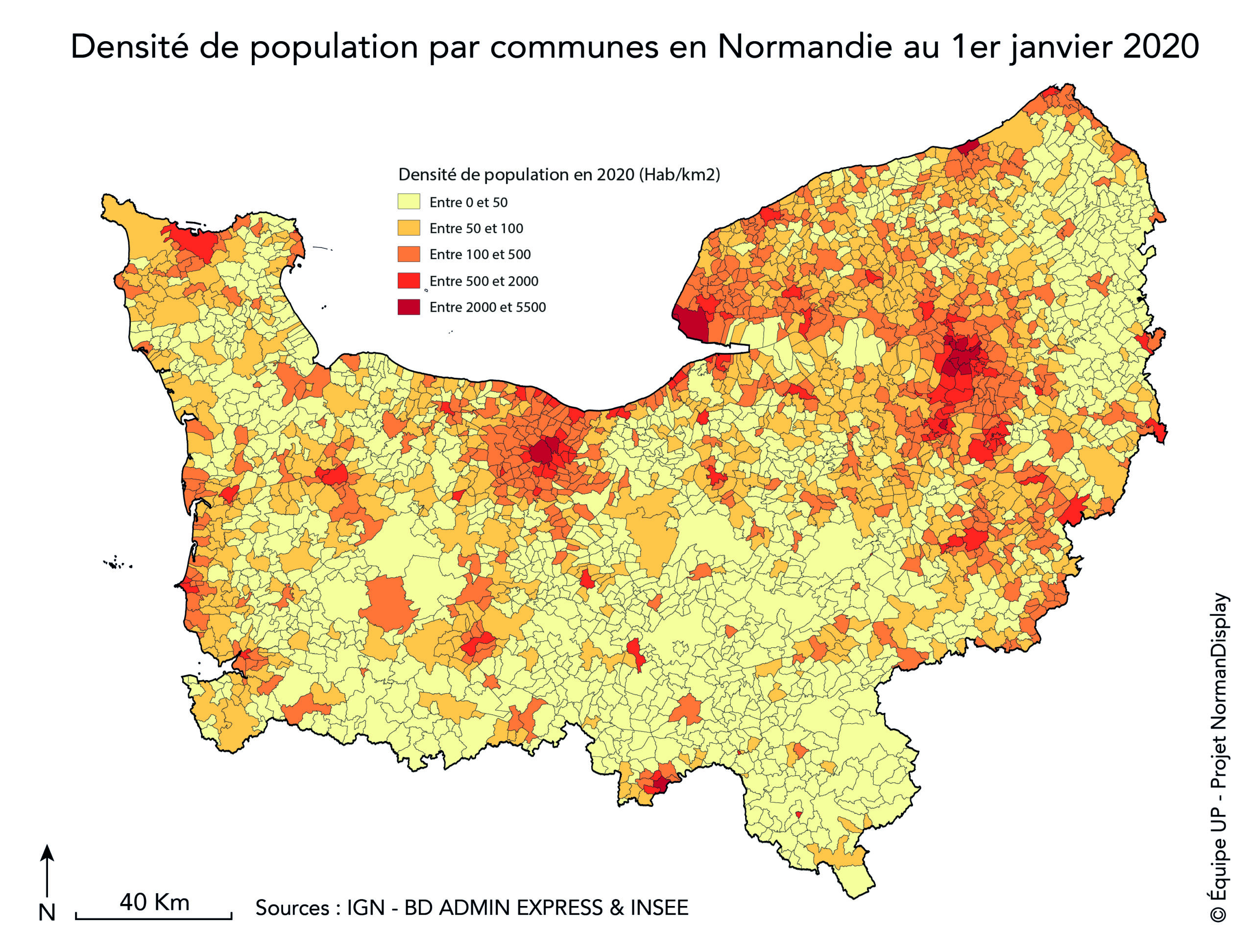 Carte représentant la densité de population par commune en Normandie au 1er Janvier 2020.
