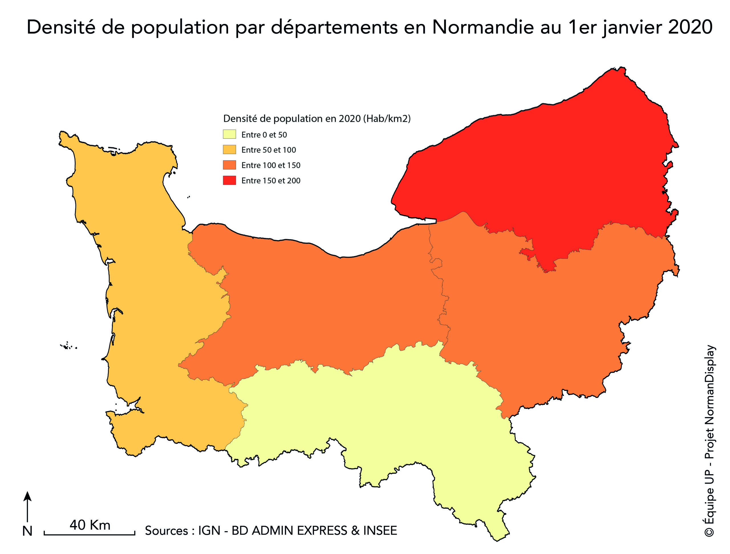 Carte représentant la densité de population par département en Normandie, 2020