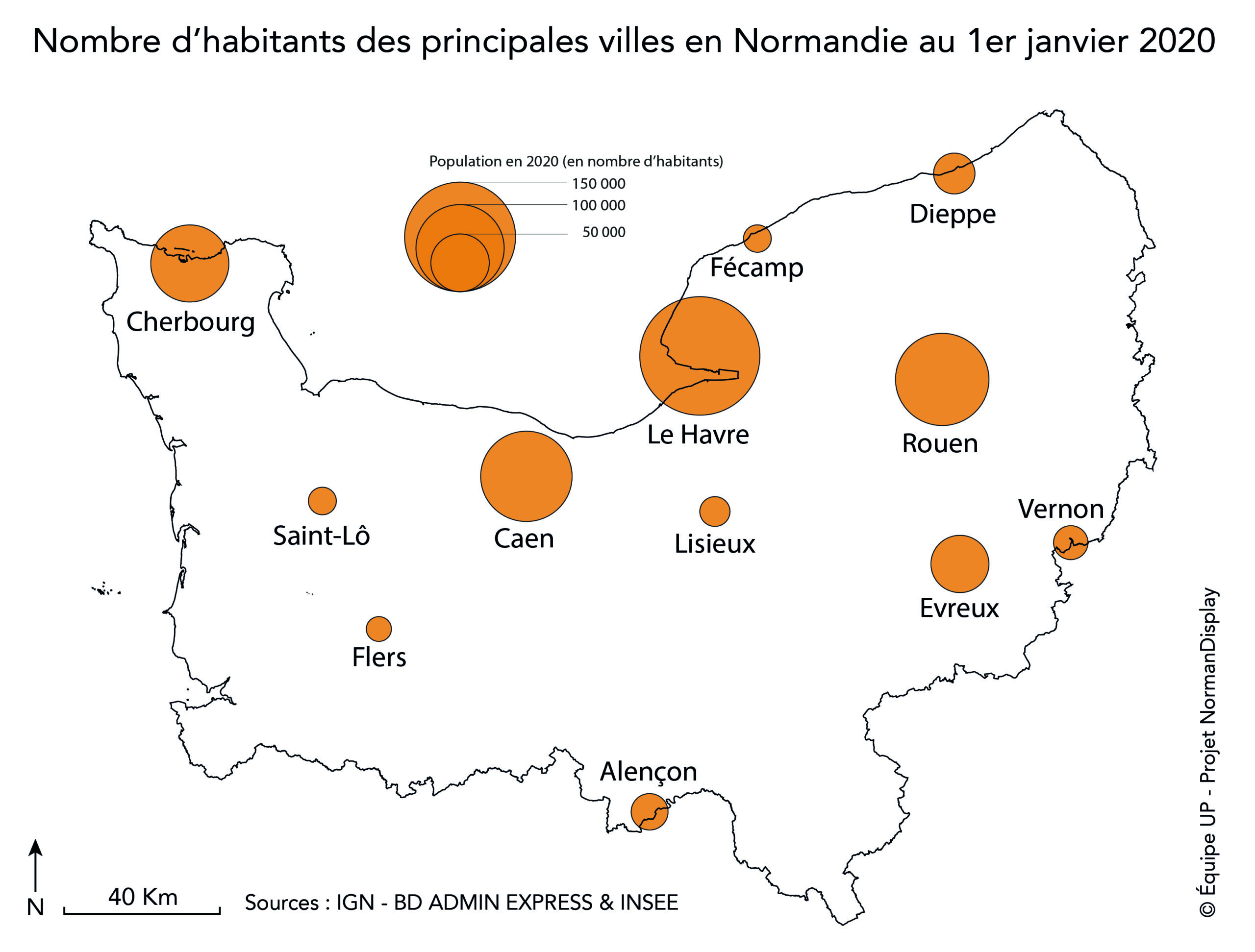 Carte représentant le nombre d'habitants des principales villes en Normandie, 2020