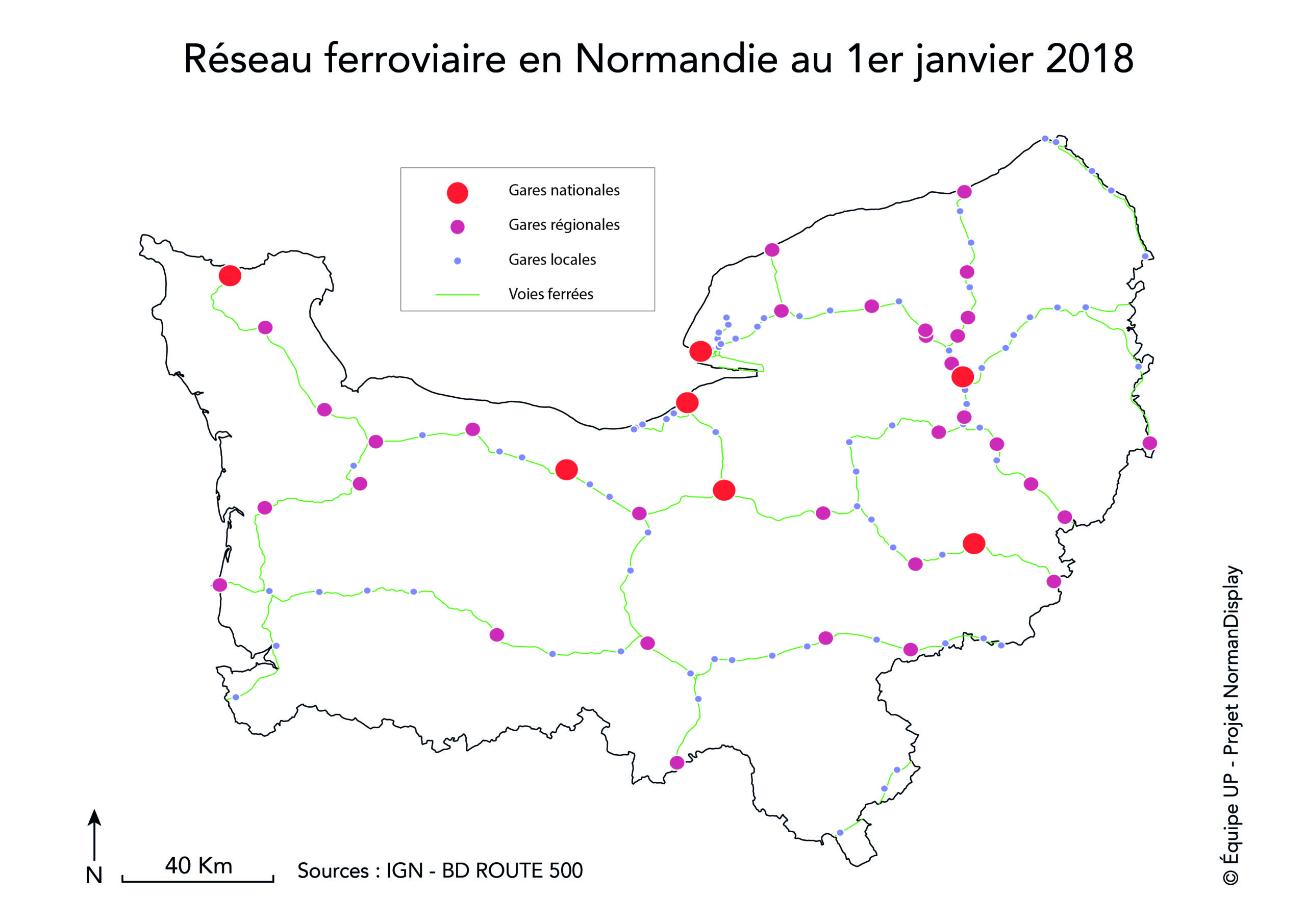 Carte représentant le réseau ferroviaire en Normandie, 2018