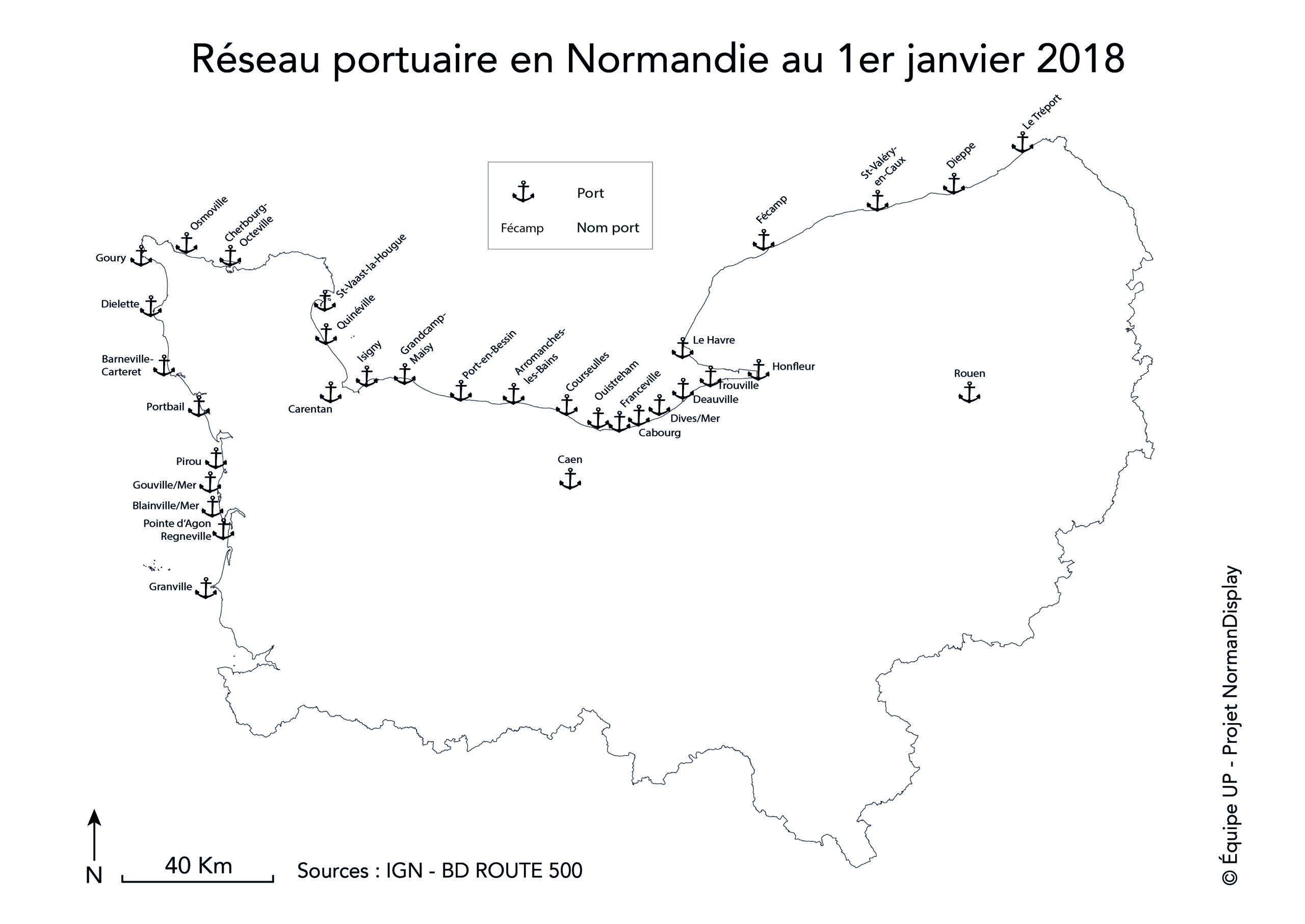 Carte représentant le réseau portuaire en Normandie, 2018