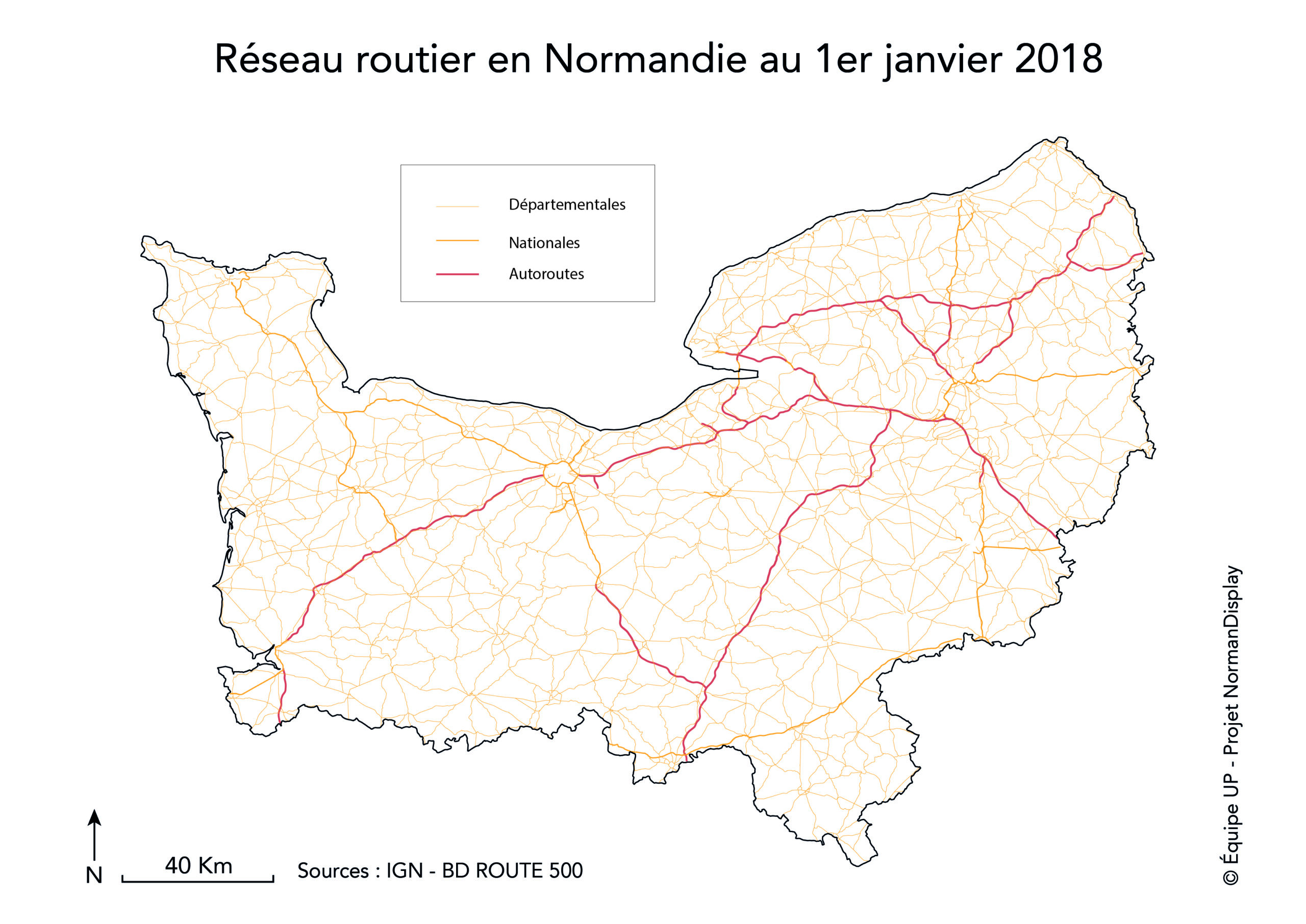 Carte représentant le réseau routier en Normandie, 2018