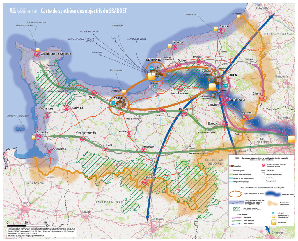 Carte de synthèse des objectifs du SRADDET, Région Normandie, 2018