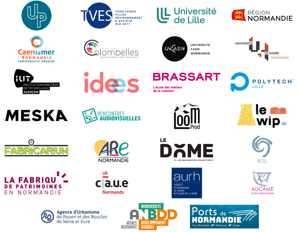 Bandeau de logos des partenaires du projet NormanDisplay. Les partenaires sont : l'équipe UP, le Laboratoire TVES, l'Université de Lille, la Région Normandie, la Communauté urbaine de Caen-la-mer, la Ville de Colombelles, l'Université de Caen, l'Université du Havre, l'IUT d'Alençon, le laboratoire Idées, l'école Brassart de Caen, Polytech Lille, Meska Prod, les Rencontres Audiovisuelles, Loom Prod, le WIP, le Fabricarium, l'Agence régionale de l'environnement, le Dôme de Caen, le ROLN, la Fabrique des Patrimoines, les CAUE Normands, l'AURH, AUCAME, AURBSE, l'ANBDD et les Ports de Normandie.